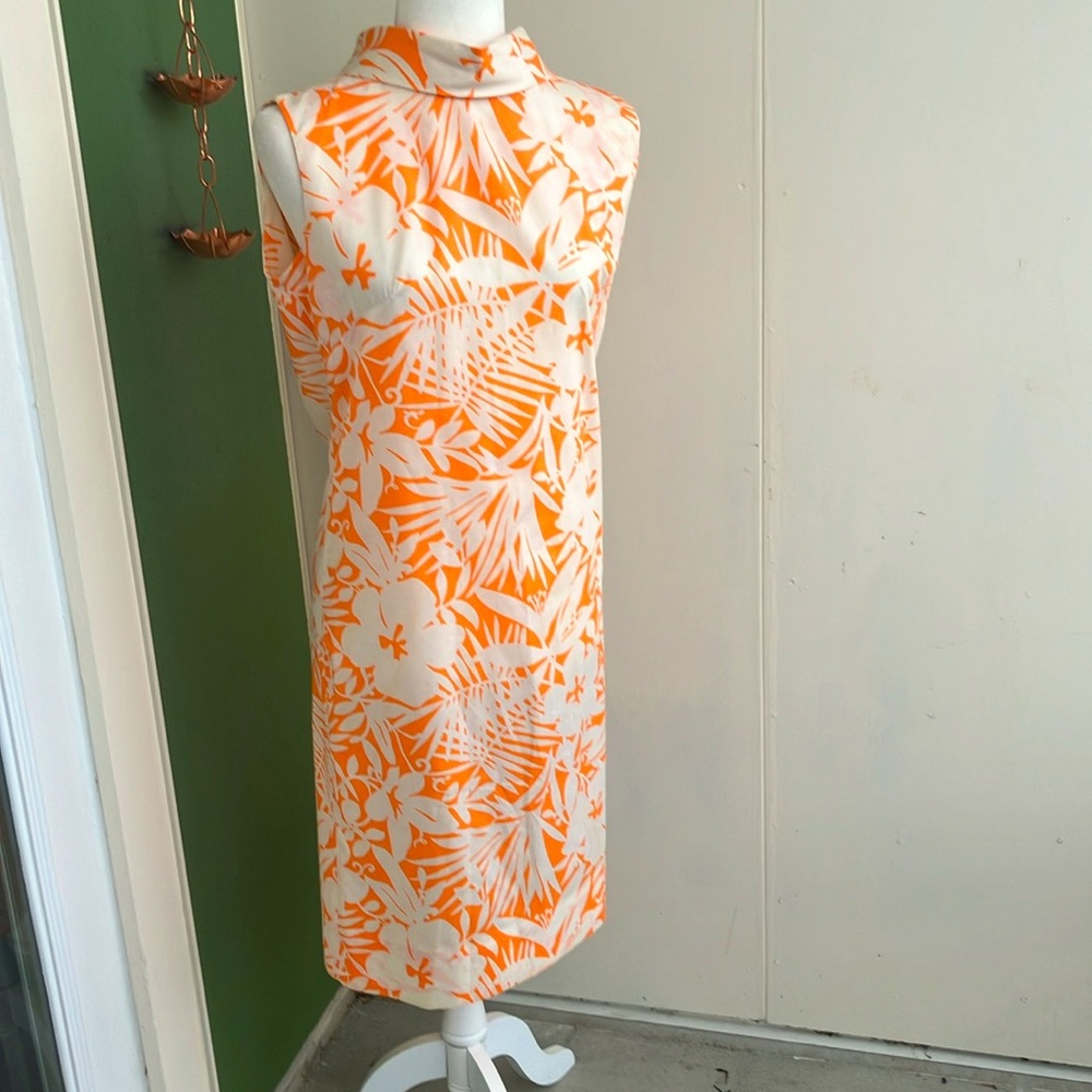 Vintage 60s Orange and White Hawaiian Union Made Mod Midi Sheath Dress